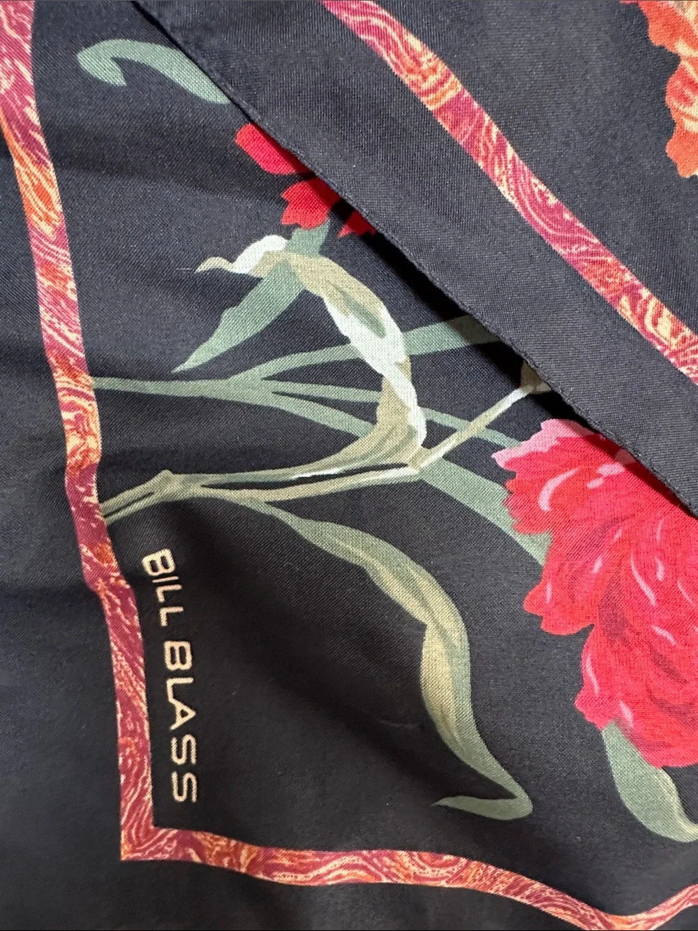 bill blass Black Silk Scarf with Red and Gold Floral Print
